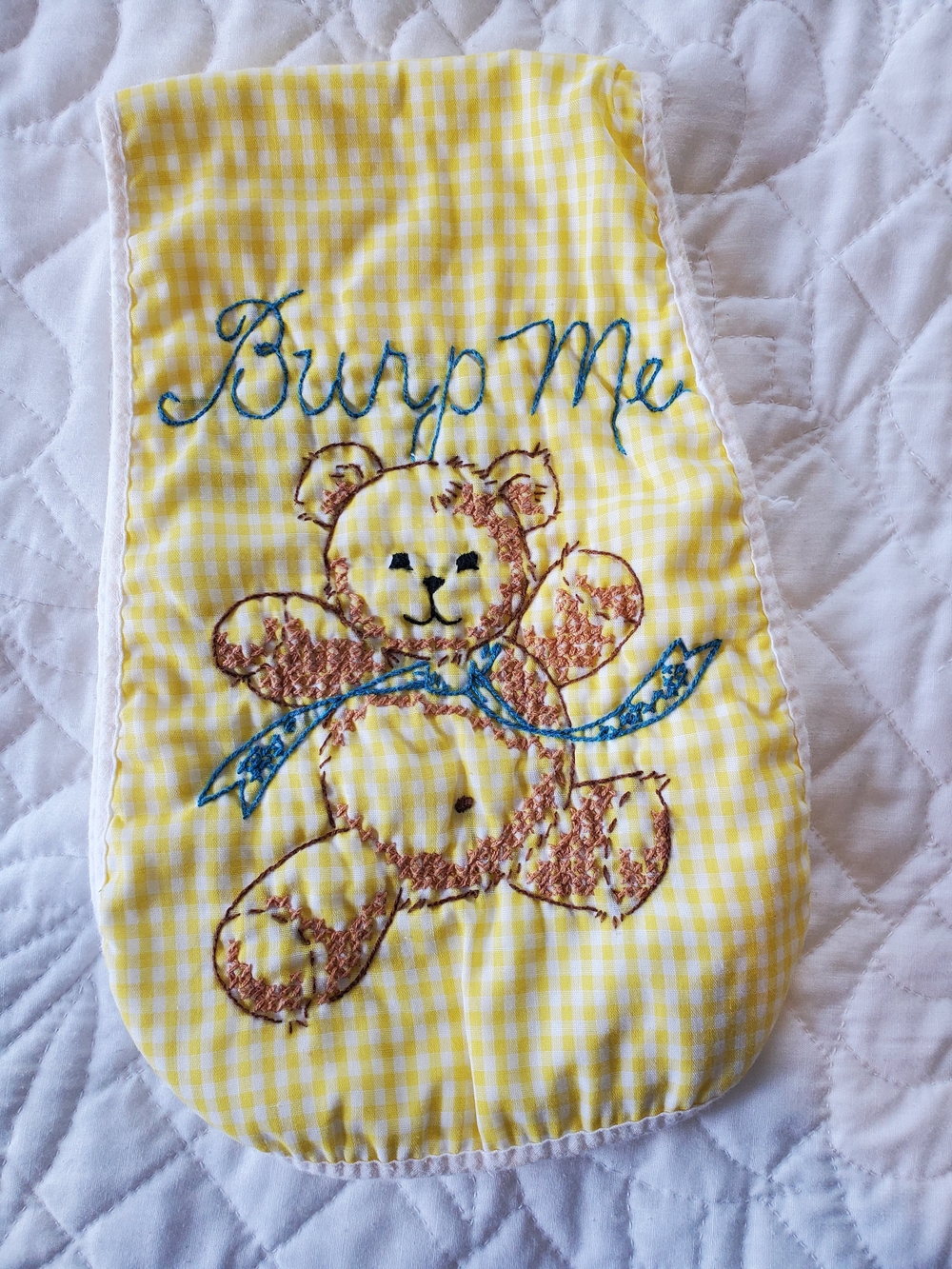 Vintage Burp Me Yellow Gingham Teddy Baby Burp Cloth